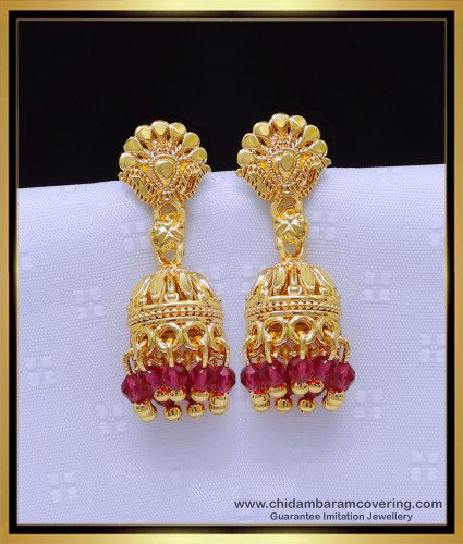 Erg1900 - Attractive Pink Crystal Daily Use 1 Gram Gold Jhumkas