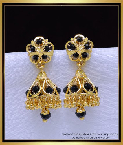 Erg1905 - Trendy Black Beads Gold Jhumkas Gold Plated Jewellery