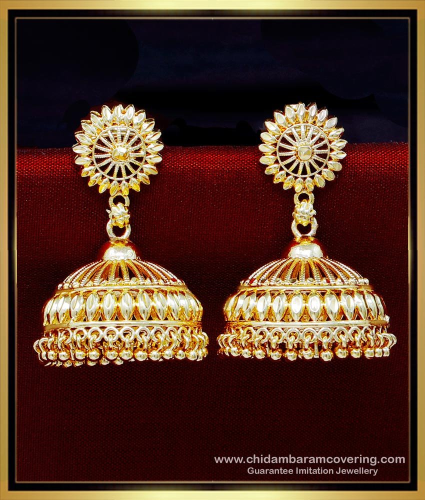 jhumka design gold earrings, traditional jhumkas online, 1 gram gold earrings online, gold plated jhumka earrings, jimikki kammal designs, bridal jhumkas online shoppin