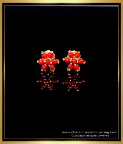 ERG1964 - Flower Model Red Coral Ear Stud Design Gold Look Online