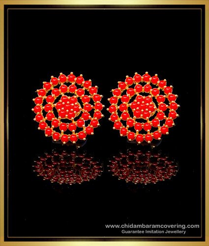 ERG1973 - South Indian Jewelry Red Coral Earrings Gold Designs