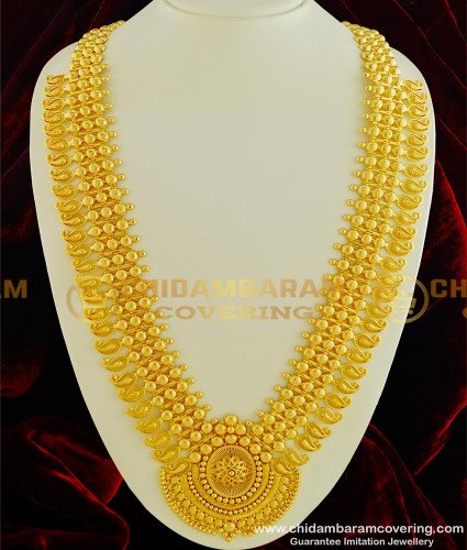 HRM329 - Elegant Traditional Kerala Jewellery Broad Big Dollar Mango Long Bridal Gold Plated Haram Online