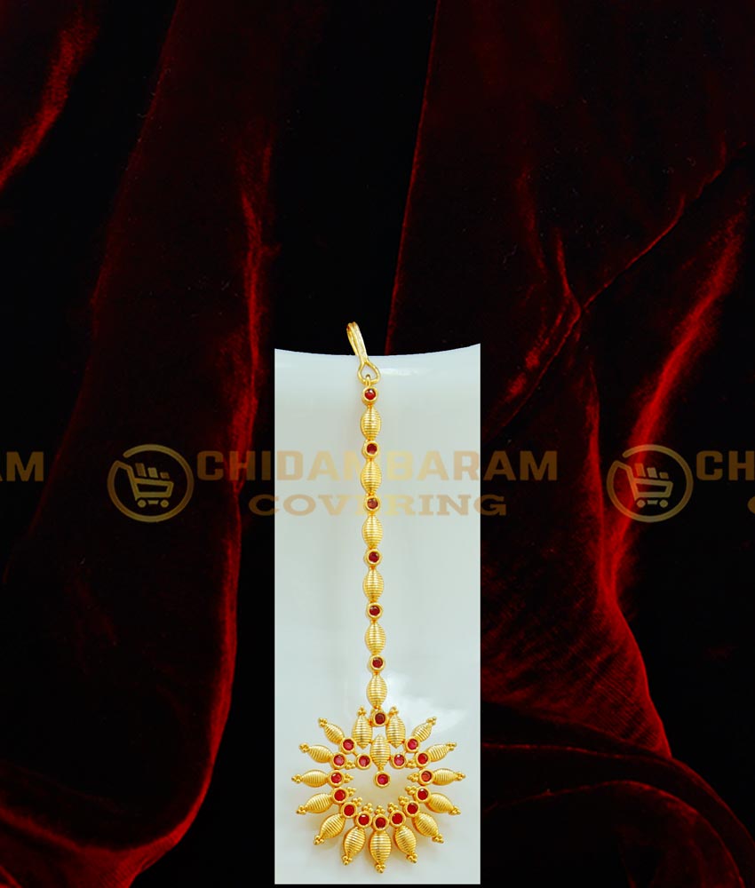 HRM371 - Latest Party Wear Full Ruby Stone Mullamottu Mala Design Semi Bridal Haram Necklace with Maang Tikka Combo Set 