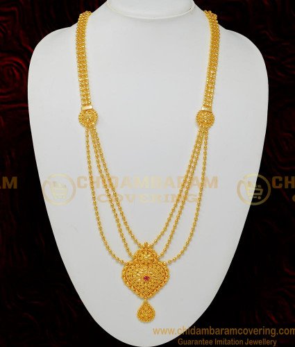 HRM492 - New Trendy Ruby Stone Gold Balls 3 Layered Haram 1 Gram Gold Covering Haram Online