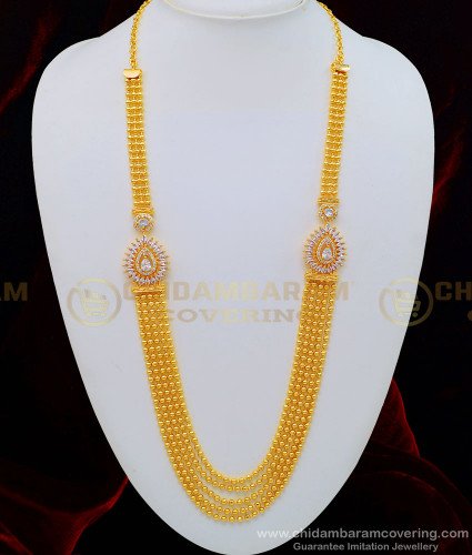 HRM505 - Trendy Gold Design Multi Layer Ad White Stone Side Pendant Gold Balls 5 Line Haram