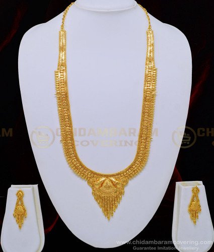 HRM513 - Latest Plain Gold Haram Design Attractive Calcutta Design Bridal Haram with Earring Set