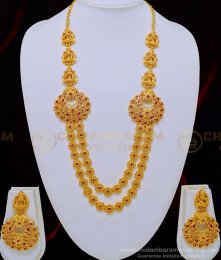 HRM516 - Latest Ruby Stone Heavy Work Temple Jewellery Lakshmi Design Gold Plated Layered Haram with Earrings Set   