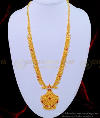 HRM575 - Beautiful Leaf Design White and Ruby Stone One Gram Gold Long Haram Online