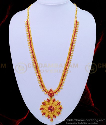 HRM578 - One Gram Gold Ruby Stone Flower Design Bridal Wear Long Haram Online 