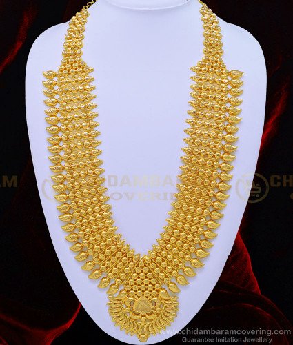 HRM599 - Attractive Gold Design Kerala Bridal Long Mango Haram with Four Line Golden Beads Haram 