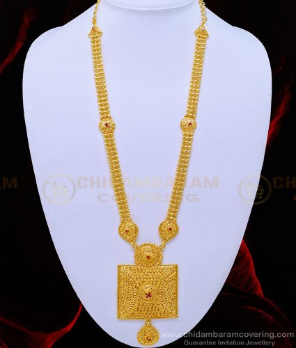 HRM649 - Real Gold Design Heavy Gold Beads Ruby Stone Square Dollar Gold Covering Haram for Wedding 