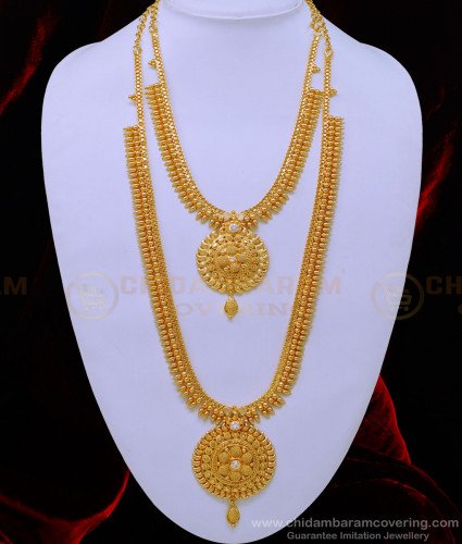 HRM688 - 1 Gram Gold Plated White Stone Mulla Mottu Haram with Necklace for Wedding 