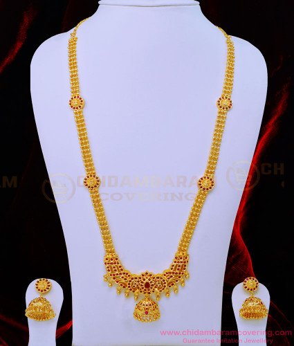 HRM729 - Latest Ruby Kemp Stone Lakshmi Haram Gold Plated Haram With Jhumkas Earrings Set