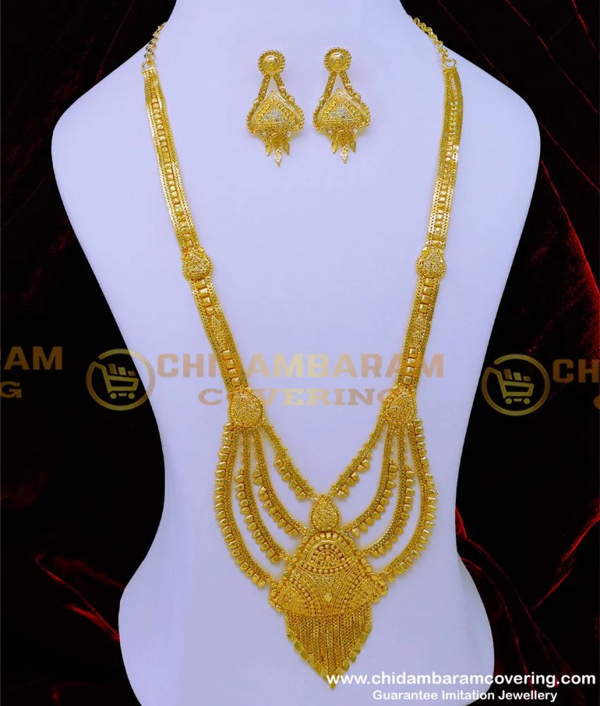 hrm860 2 gram gold 4 line forming gold haram with earrings set 1