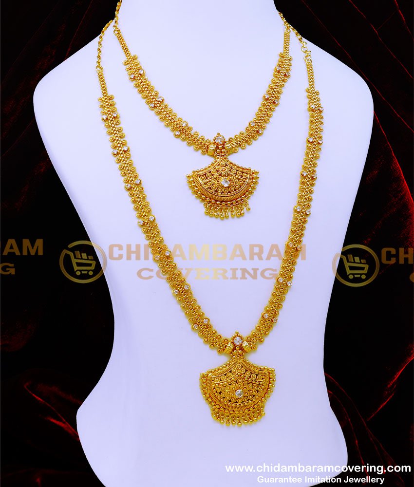 one gram gold haram online shopping, 1 gram gold haram designs, AD Stone Haram set, long haram, white stone long haram, One Gram Gold Haram Set 