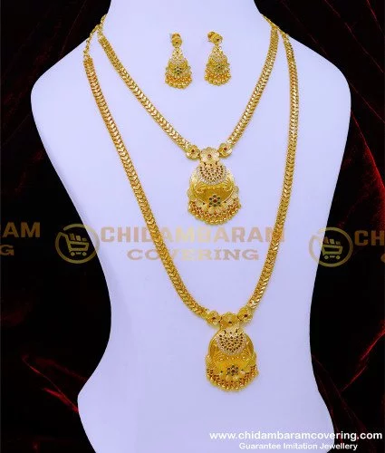 Traditional South Indian Gold Platted Matte Finish Bridal Set With 1 Choker  1 Long Necklace 1