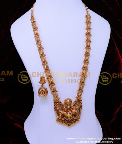 HRM914 - Antique Jewellery Long Lakshmi Haram with Jhumkas Set 
