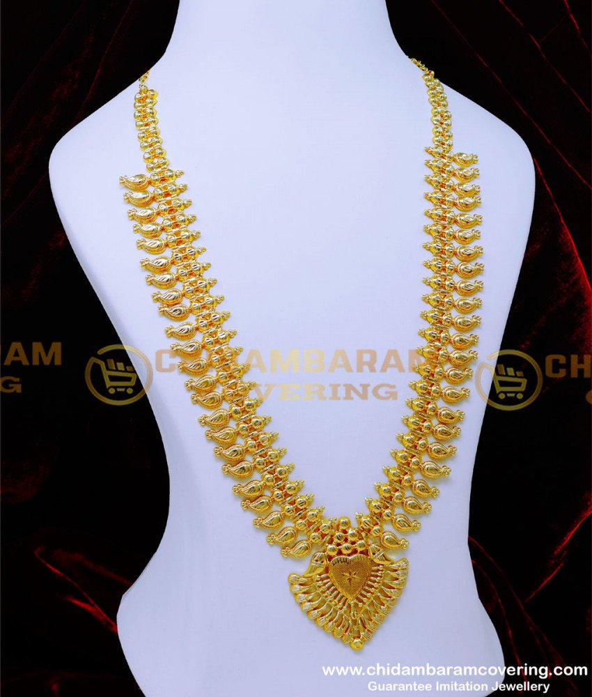 kerala haram design, long chain latest designs, kerala traditional jewellery, kerala covering jewellery online shopping, long mango haram designs in gold, light weight jewellery, gold plated jeweller