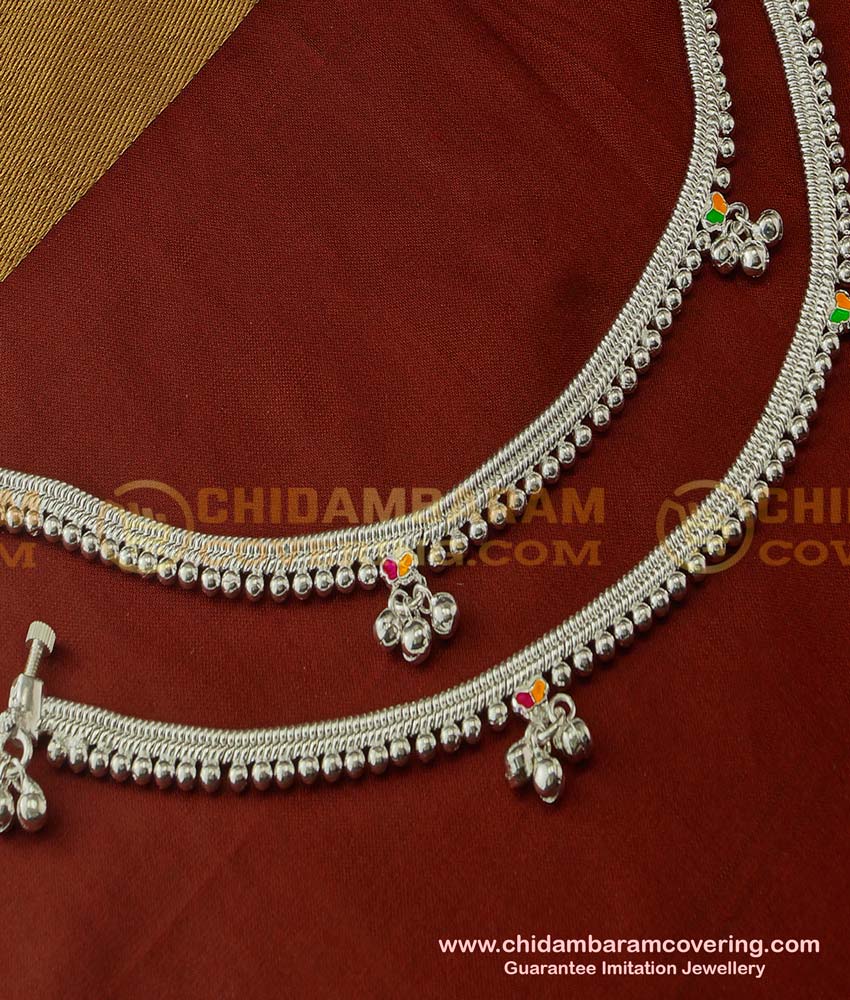 ANK028 - Traditional Artificial Silver Plated White Metal Heavy Beads Enamel Design Anklets for Girls