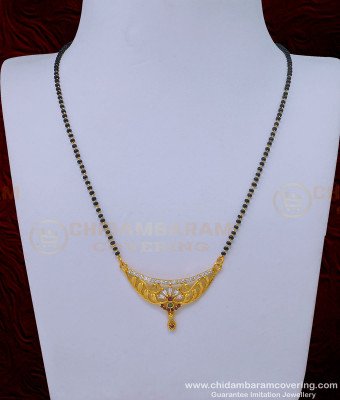 BBM1032 - American Diamond Stone Pendant with Black Beads Gold Mangalsutra Design  