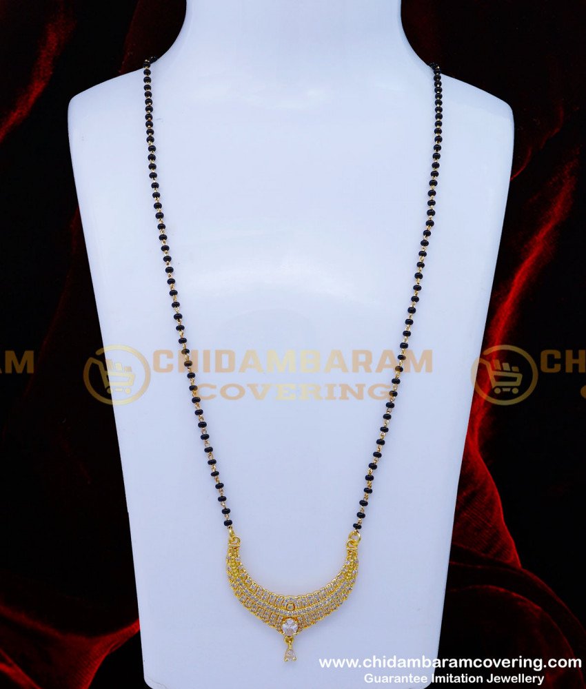 White Stone Pendant with Black Beads Long Mangalsutra Design