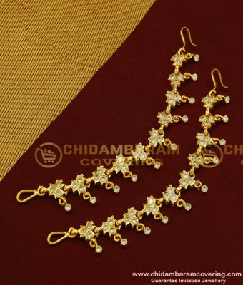 MAT102 - Five Metal Full White Stone Gold Plated Flower Design Impon Mattal Ear Chain Online Shopping