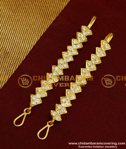 MAT83 - Latest Impon Jewellery Beautiful White Stone Slim and Short Ear Chain Champaswaralu Designs   
