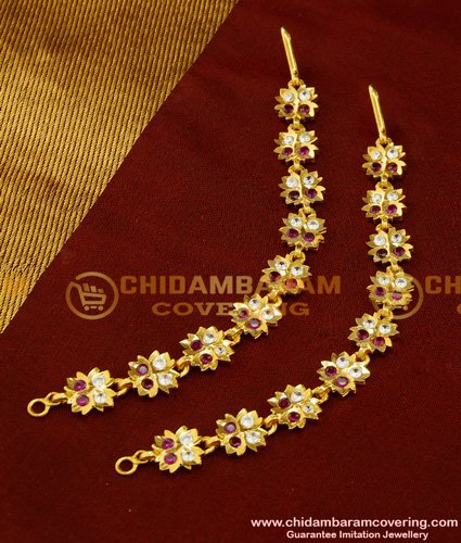MAT94 - Five Metal Bridal Wear White and Ruby Stone Impon Traditional Gold Ear Chain Designs 