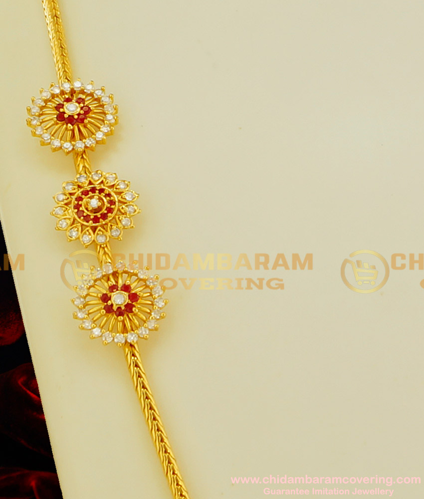 MCHN114 - Trendy New Collection Red and White Stone Floral Design Thali Chain Side Mugappu Online
