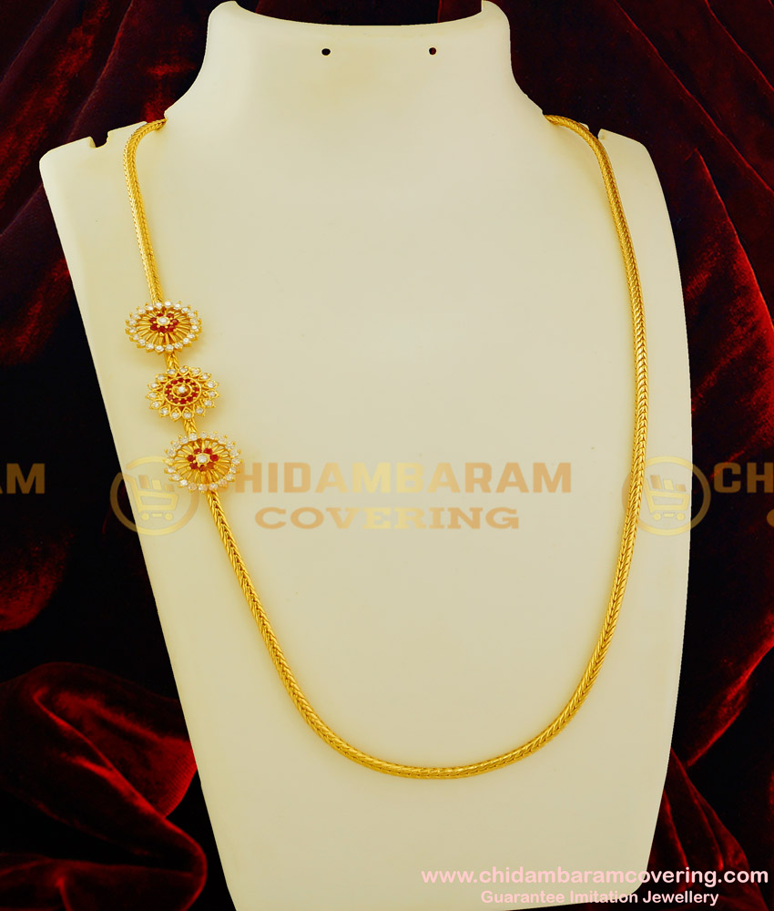 MCHN114 - Trendy New Collection Red and White Stone Floral Design Thali Chain Side Mugappu Online