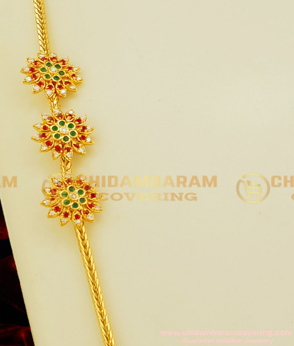 MCHN115 - New Colourful Multi Stone Flower Design One Gram Gold Mugappu Chain Buy Online 