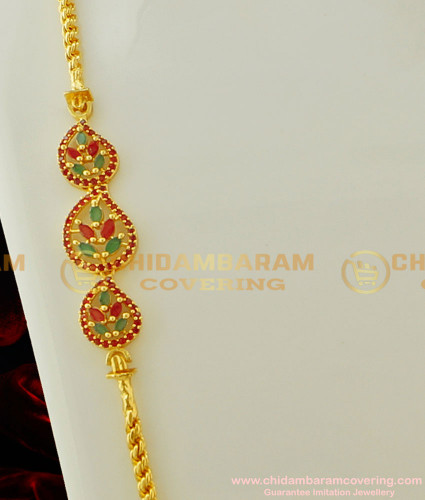 MCHN133 - Buy 30 Inches Daily Wear Thali Saradu Ruby Emerald Stone Leaf Design Mugappu For Women