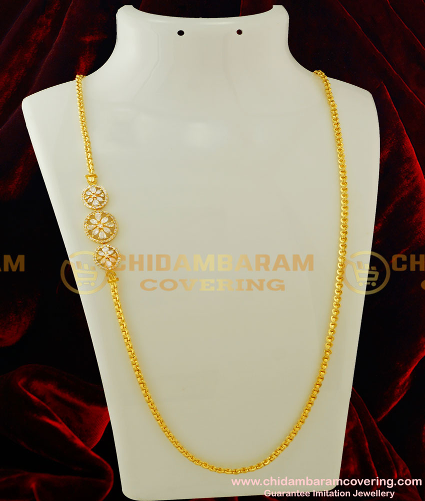 MCHN139 - 30 Inches Semi Precious Full White Stone Mugappu Thali Chain Gold Design for Ladies 