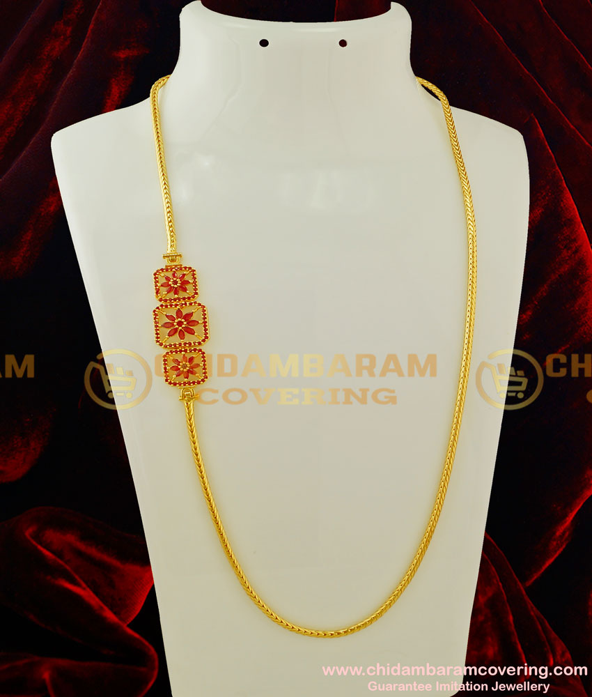 MCHN154 - Gold Design Big Ruby Stone Mugappu Roll Thali Kodi Mugappu Chain Latest Jewellery 