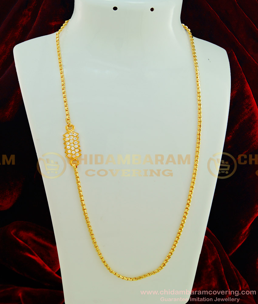 MCHN254 - Beautiful Gold Design Full White Stone Impon Mugappu Chain Design for Daily Use