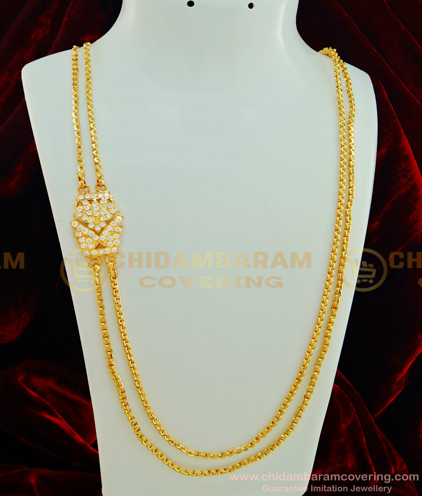 MCHN264 - 30 Inches Impon Stone Side Pendant Long Impon Mugappu Chain Double Chain Design Guaranteed Jewellery