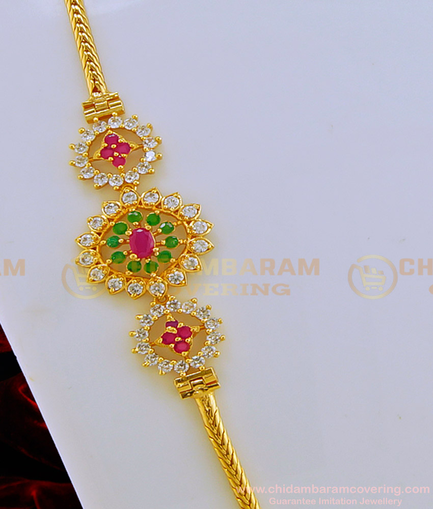 MCHN276 - New Model Ad Multi Stone Gold Mugappu Thali Chain Designs One Gram Gold Plated Jewellery