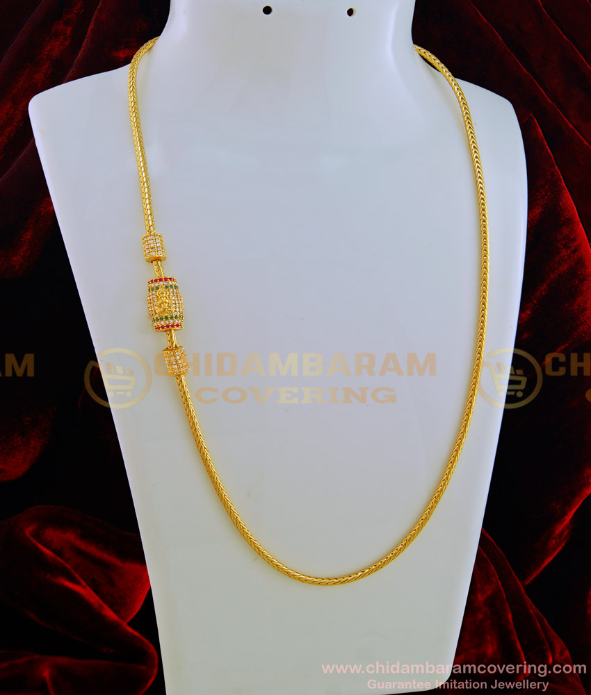 MCHN281-Lg- 30 Inches Latest Gold Design American Diamond Lakshmi Mugappu Chain One Gram Gold Daily Wear Mopu Chain