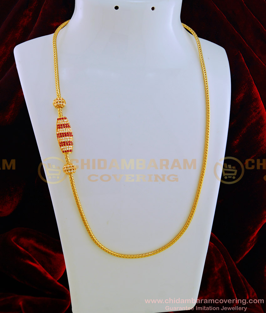 MCHN284 -LG-30 Inches New Model White and Ruby Stone High Quality Side Pendant Thali Chain with Mugappu Designs Online