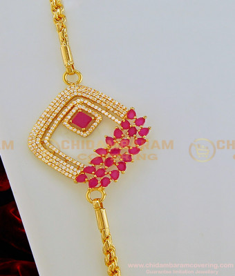 MCHN309 - New Fashion American Diamond Ruby Stone Gold Plated Designer Mugappu Chain Online