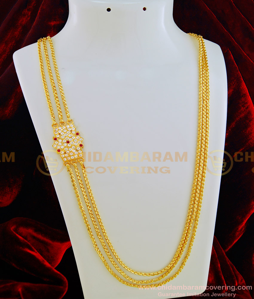 MCHN317 - 30 Inches Impon Big Mugappu Three Line Mugappu Chain Design 5 Metal Indian Fashion Jewelry