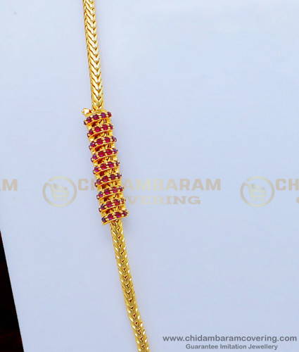 MCHN347 - Trendy Gold Plated Thali Kodi Chain Spiral Design Ruby Stone Mugappu Chain Indian Imitation Jewellery