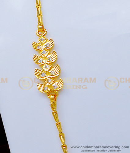 MCHN367 - Gold Plated Guarantee Impon White Stone Leaf Design Mugappu Chain for Women