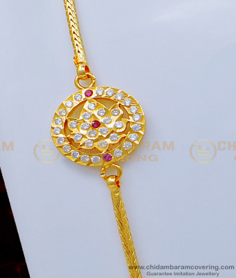 MCHN372 - Five Metal Gold Design White and Pink Stone Round Mugappu Chain for Female 