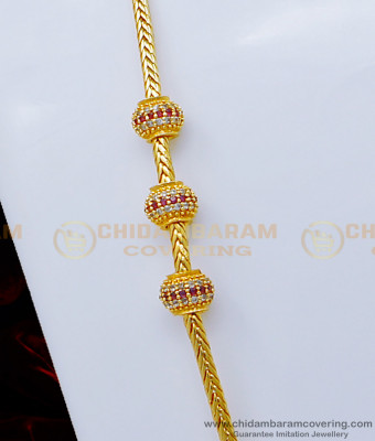 MCHN383 - Gold Design White and Ruby Stone Balls Mugappu Thali Kodi Chain for Women