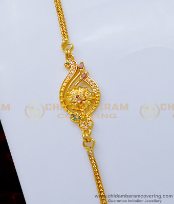 MCHN390 - Attractive Multi Stone Gold Covering Peacock Mugappu Chain Design Buy Online 