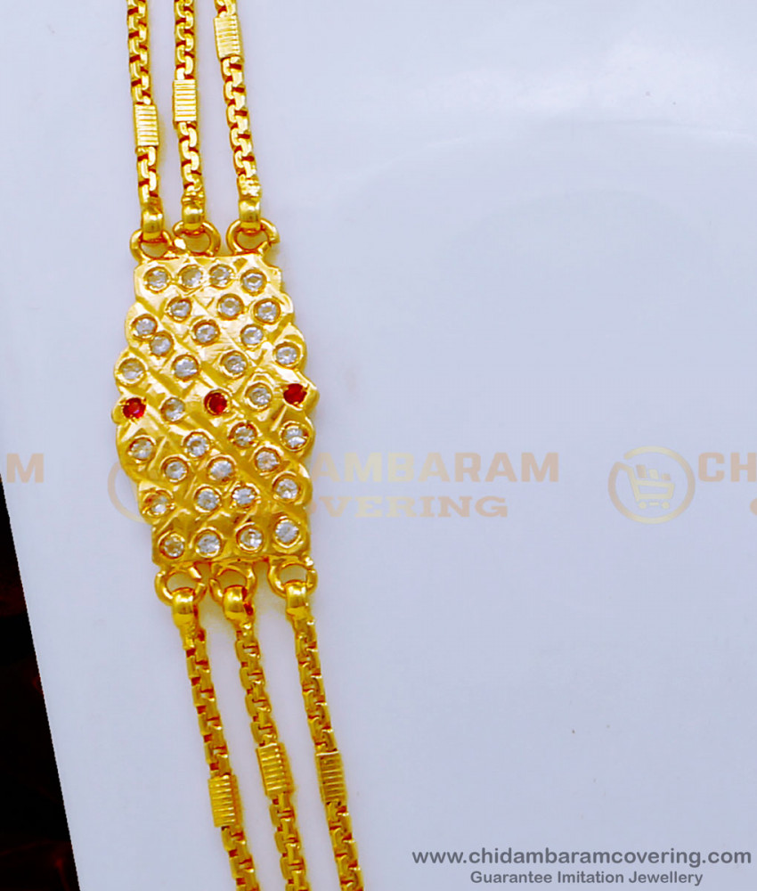 Gold Plated Guarantee Impon Stone Mugappu With 3 Line Designer Chain 
