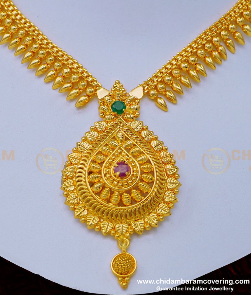 NLC1008 - One Gram Gold Plated Semi Precious Ruby Emerald Stone Mullapoo Necklace for Women