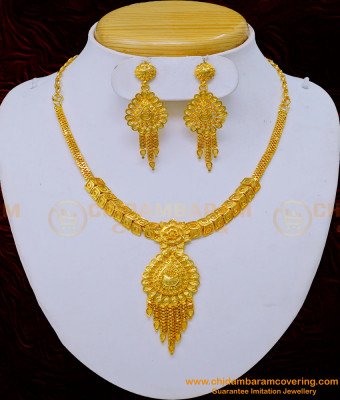 NLC1031 - Forming Gold Plain Necklace Design with Earrings One Gold Plated Jewellery