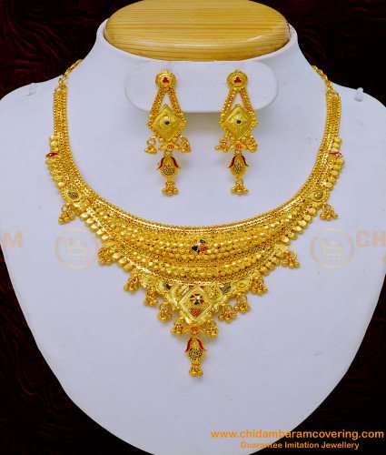 NLC1037 - Real Gold Design First Quality Forming Gold Enamel Necklace Set for Wedding